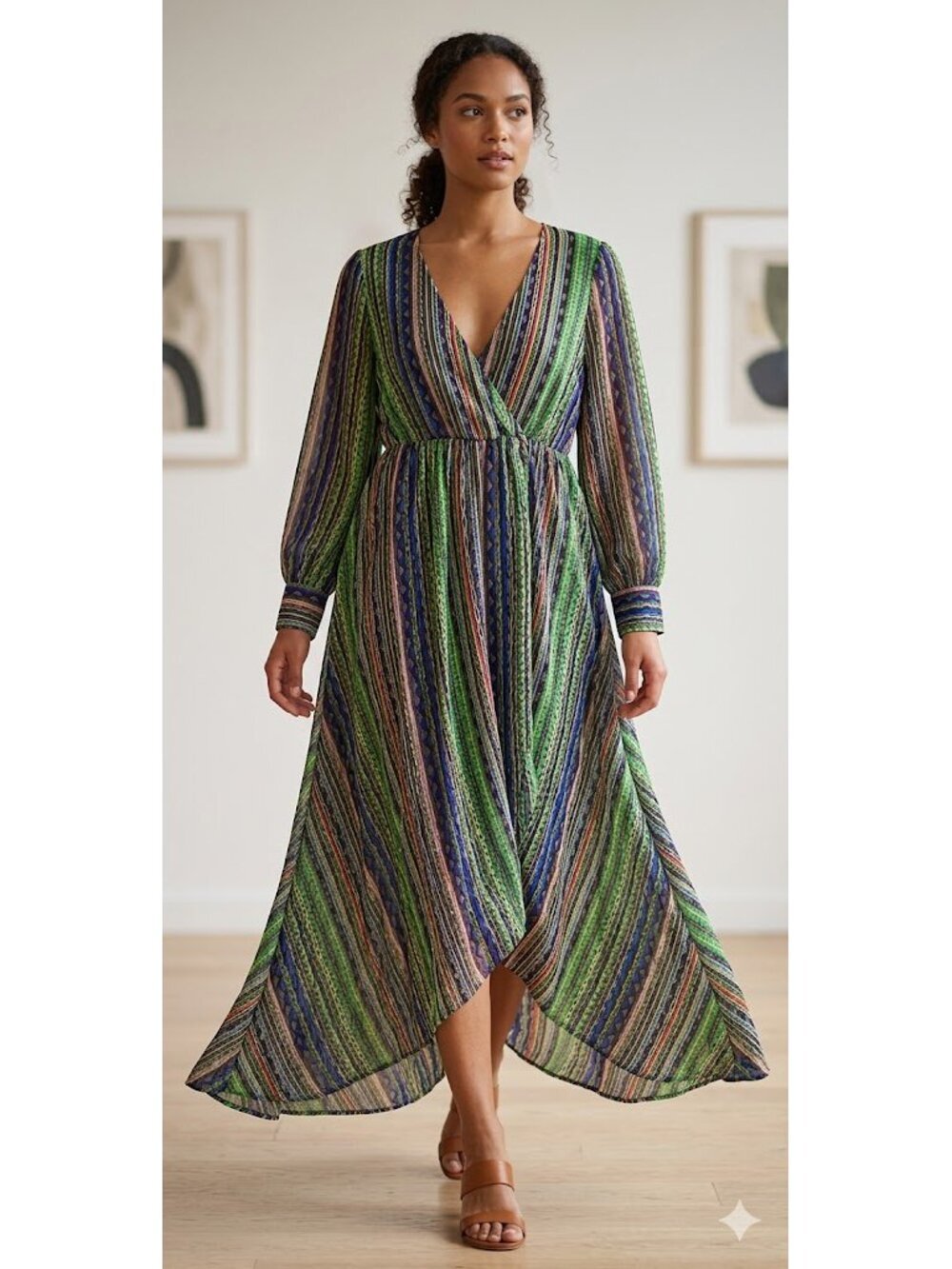 Jean-Louis Scherrer Vintage 70s-80s Sheer Stripe Chiffon Maxi Dress, Multi, XL
